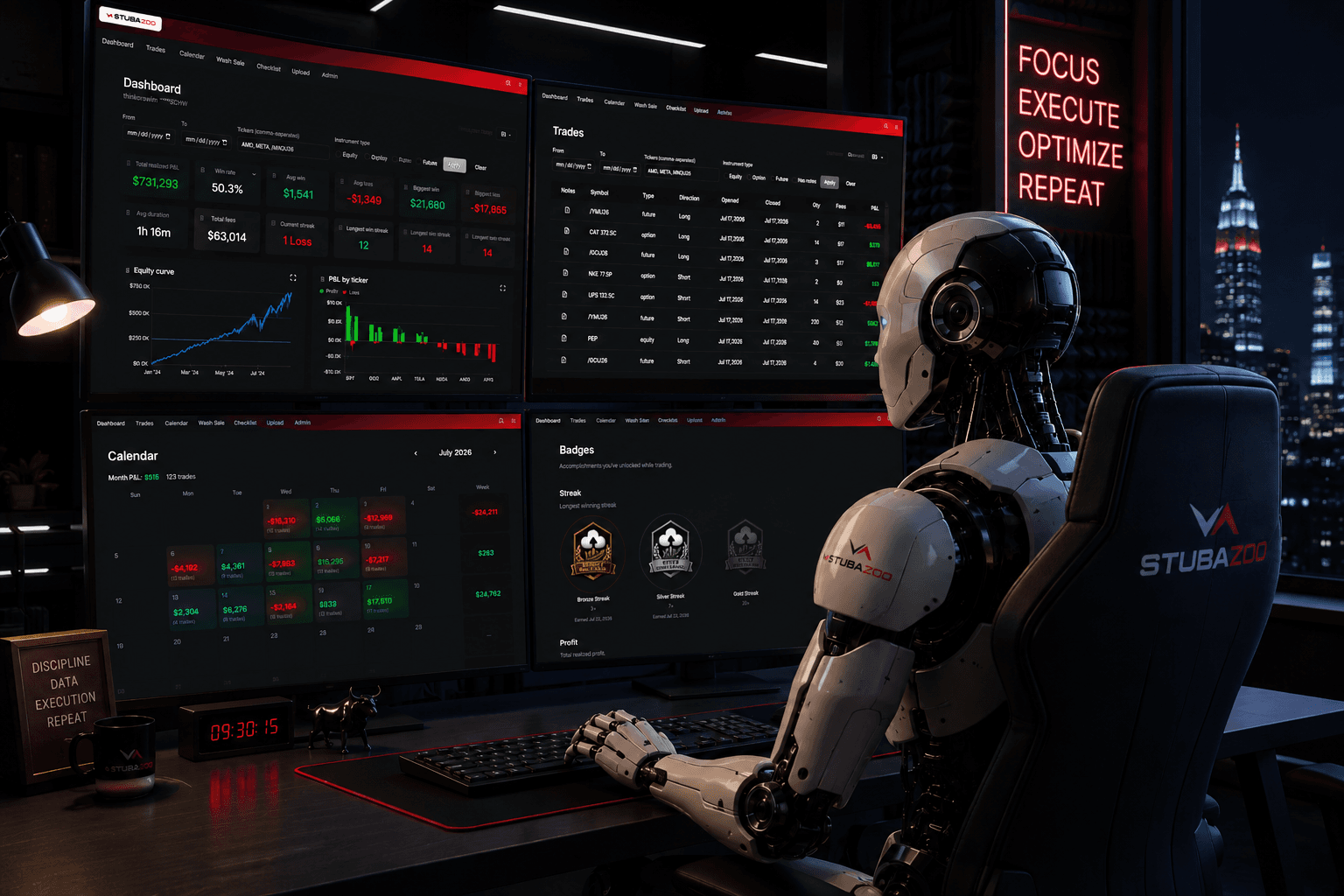 Stubazoo dashboard, calendar, trades, and badges screenshots.